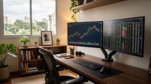 Como começar a investir na bolsa de valores: guia com etapas e estratégias para quem investe pela primeira vez 1 Visão ampla de um escritório doméstico organizado com dois monitores exibindo gráficos de candlestick e tabelas de cotações da B3, iluminação natural