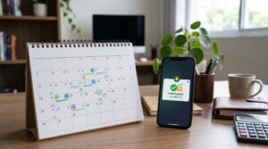 Dividendos: como funcionam no Brasil e o que considerar antes de investir 2 Calendário de mesa aberto com marcações de datas importantes ao lado de smartphone notificando crédito recebido, em um ambiente de trabalho profission