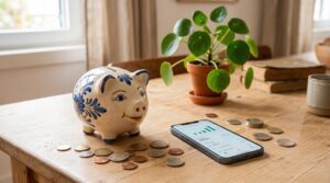 Como criar metas financeiras no app Mercado Pago usando Cofrinhos e Reservas 2 Cofrinho de cerâmica tradicional posicionado ao lado de um smartphone sobre uma mesa de madeira clara, com moedas espalhadas e uma planta decorativa a