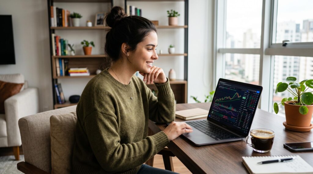 Pessoa analisando gráficos de ações em um notebook para começar a investir na bolsa de valores