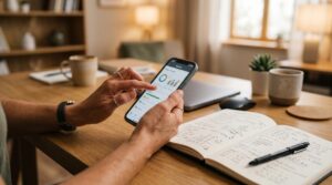Como receber salário no Mercado Pago e investir de forma automática no app 2 Mãos de uma pessoa adulta configurando um aplicativo financeiro em um smartphone sobre uma mesa de escritório com anotações de planejamento financeiro