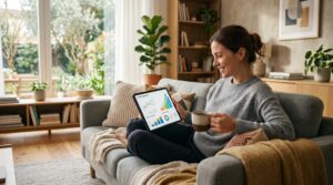 Renda passiva: como começar com pouco dinheiro e construir ganhos recorrentes 1 Uma pessoa sentada confortavelmente em um sofá com um tablet no colo, visualizando gráficos de crescimento enquanto toma café, representando a liberda