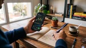Apps gratuitos para investir no Brasil: opções para cada perfil de investimento 2 Mãos de uma pessoa analisando a tela de um celular com dados de investimentos enquanto segura uma caneta sobre um caderno aberto, em um ambiente de tr