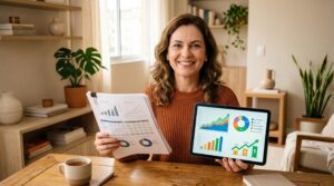 Dividendos: como funcionam no Brasil e o que considerar antes de investir 1 Pessoa segurando documentos financeiros e tablet mostrando resultados de investimentos, com expressão confiável em um ambiente doméstico clean e organ