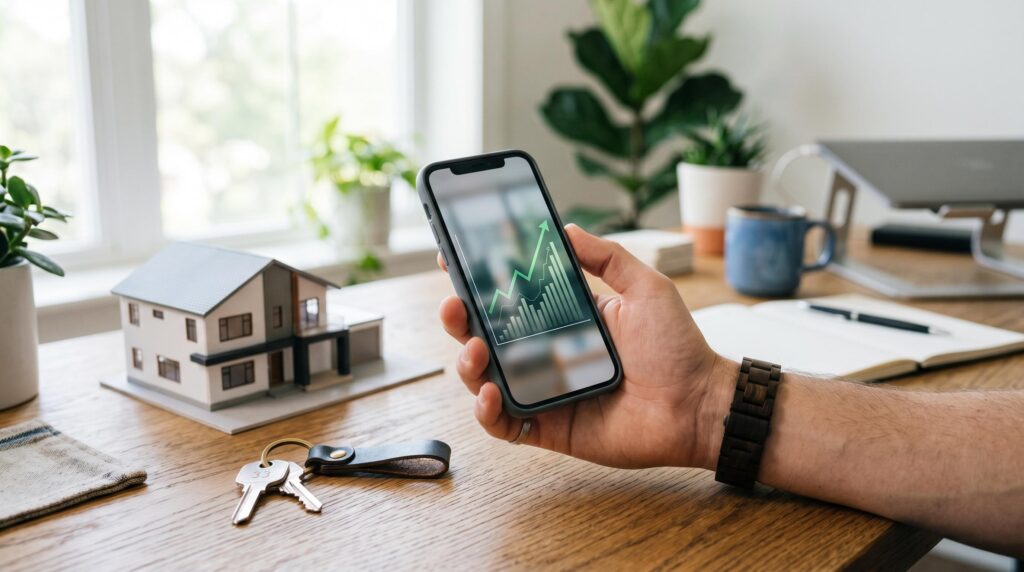 Pessoa sentada à mesa calculando metas de economia para a entrada de uma casa com caderno e celular na mão