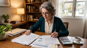 Quanto preciso poupar para me aposentar: guia para calcular sua reserva ideal 1 Uma pessoa madura analisando documentos financeiros e contratos sobre uma mesa organizada, com calculadora ao lado, representando o planejamento compl