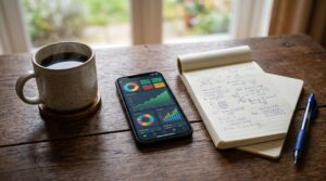 Renda passiva: como começar com pouco dinheiro e construir ganhos recorrentes 2 Smartphone sobre uma mesa de madeina exibindo um aplicativo de investimentos com gráficos de rendimento, ao lado de uma caneca de café e um caderno de
