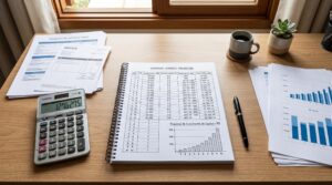 Como planejar a aposentadoria sendo jovem e construir um futuro com mais tranquilidade 1 Visão superior de uma mesa de trabalho organizada com documentos financeiros, calculadora, caneta e um notebook aberto exibindo uma planilha de projeç