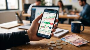 Como começar a investir na bolsa de valores: guia com etapas e estratégias para quem investe pela primeira vez 2 Uma mão segurando um smartphone com um aplicativo de corretora aberto na tela, sobre uma mesa de escritório com algumas moedas e notas de real, ilustr