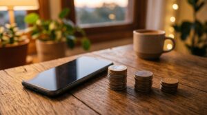 Como usar o cofrinho do Mercado Pago para metas de poupança e organizar seu dinheiro 2 Smartphone posicionado sobre uma superfície de madeira com três pequenas pilhas de moedas de diferentes tamanhos ao lado, representando múltiplas meta