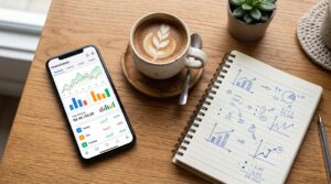 Visão superior de um celular aberto em um aplicativo financeiro ao lado de uma xícara de café e um caderno de anotações, representando a praticidade d