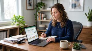 Como economizar para a entrada de uma casa usando a conta rendimento do Mercado Pago 2 Pessoa adulta analisando planilha de orçamento mensal em um notebook com gráficos de barras visíveis na tela, documentos organizados e uma xícara de c