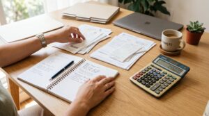 Como criar metas financeiras no app Mercado Pago usando Cofrinhos e Reservas 1 Mãos de uma pessoa organizando documentos financeiros e uma calculadora sobre uma mesa de escritório clara, com um caderno aberto contendo anotações d