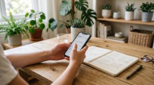 Como usar o cofrinho do Mercado Pago para metas de poupança e organizar seu dinheiro 1 Mãos femininas segurando um celular sobre uma mesa de madeira clara, com um caderno aberto ao lado contendo metas financeiras anotadas e uma caneta, e