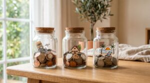 Como planejar a aposentadoria sendo jovem e construir um futuro com mais tranquilidade 2 Representação visual de organização financeira com três potes de vidro transparente sobre uma mesa de madeira clara, cada pote contendo moedas e repre