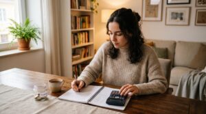 Como economizar para a entrada de uma casa usando a conta rendimento do Mercado Pago 1 Mulher jovem sentada à mesa da sala de estar com caderno de finanças aberto e calculadora na mão, fazendo anotações enquanto planeja economias, ambien