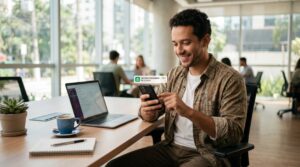 Como receber salário no Mercado Pago e investir de forma automática no app 1 Profissional brasileiro em um ambiente de trabalho contemporâneo consultando seu smartphone com uma notificação de depósito bancário visível, mesa org