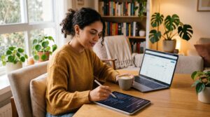 Perfil de investidor conservador, moderado e arrojado: como cada um influencia suas escolhas 1 Uma pessoa jovem preenchendo um questionário digital em um tablet enquanto toma café em um ambiente residencial confortável, com notebook aberto ao la