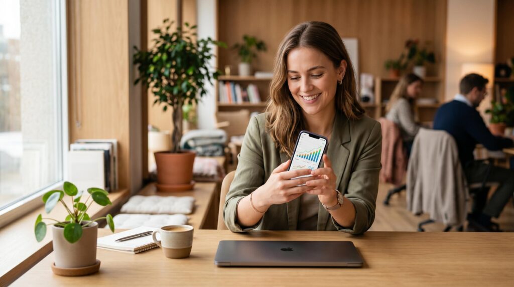 Pessoa configurando portabilidade de salário e investimento automático no celular com o app do Mercado Pago aberto