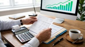 Perfil de investidor conservador, moderado e arrojado: como cada um influencia suas escolhas 2 Mãos de uma pessoa adulta organizando documentos financeiros e uma calculadora sobre uma mesa de madeira, com um gráfico de rendimentos em segundo pla