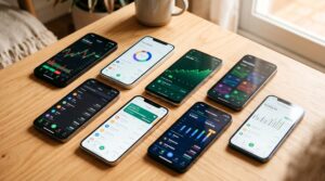 Apps gratuitos para investir no Brasil: opções para cada perfil de investimento 1 Vários smartphones dispostos sobre uma superfície clean exibindo interfaces de aplicativos financeiros diversos, com tons quentes de iluminação, ilust